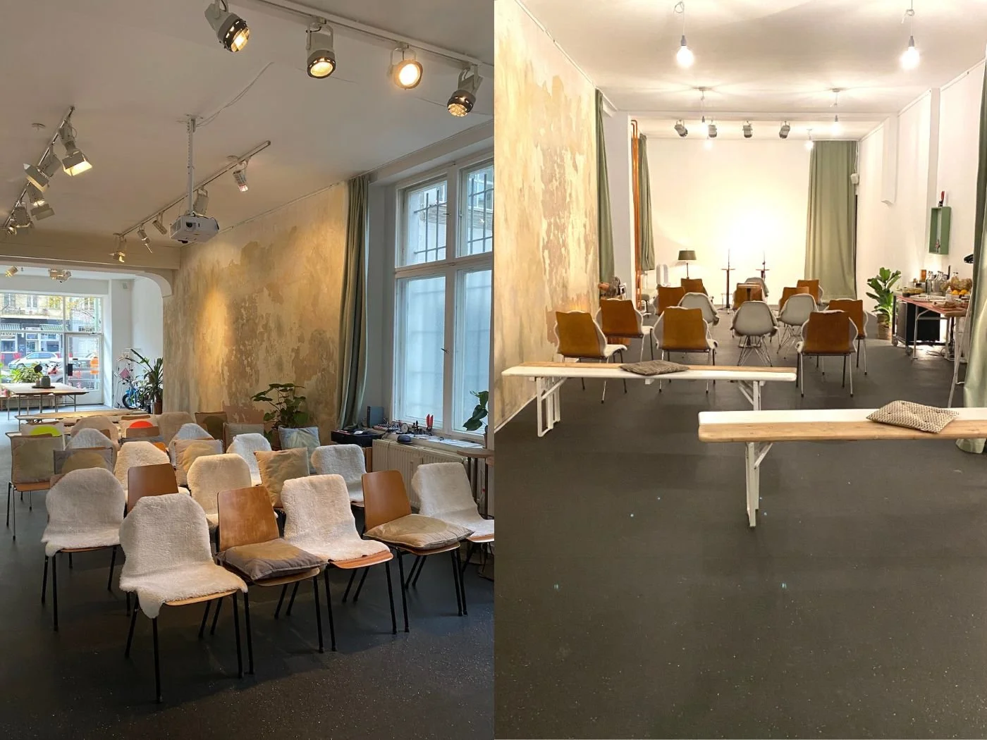 Zwei Innenräume, die möglicherweise für Veranstaltungen oder Meetings genutzt werden. Der linke Raum hat eine Reihe weiß bezogener Stühle und einen großen Fensterbereich, während der rechte Raum mit mehreren Stühlen um Tische herum ausgestattet ist u