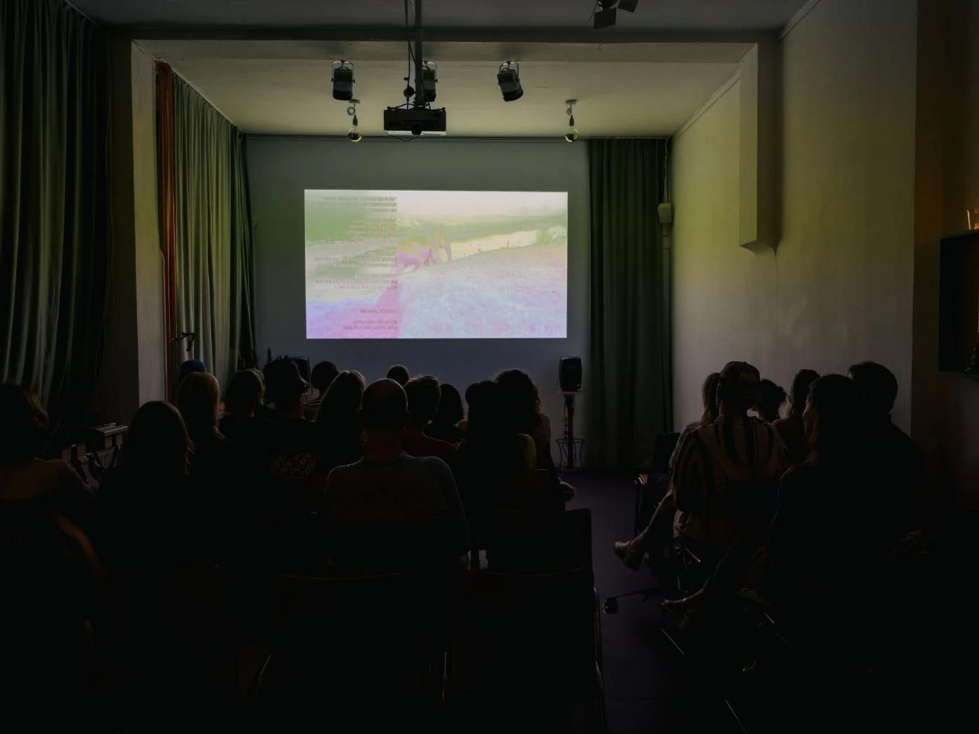 Menschen sitzen in einem dunklen Kinosaal und schauen sich einen Film oder eine Präsentation auf einer Leinwand an.