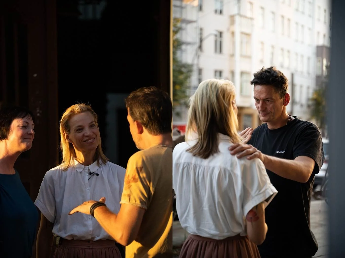 Zwei Gruppen von Menschen, die in zwei separate Szenen sprechen, eine im Innenraum bei Dunkelheit, die andere im Freien bei Tageslicht, beim Gespräch mit freundlichem Austausch.