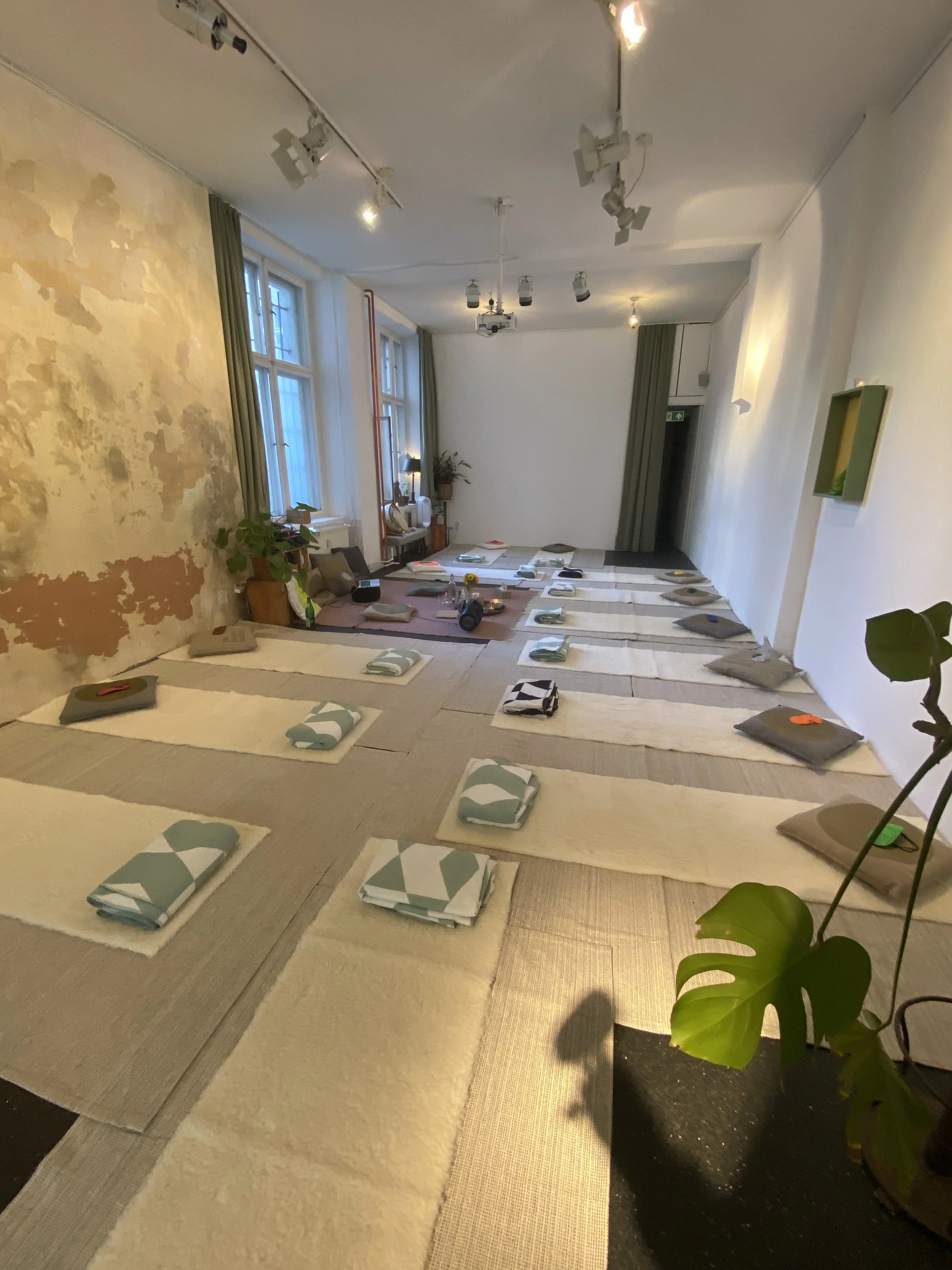 Ein Raum mit Bodenmatten und Kissen, bereit für eine Meditations- oder Yogastunde, mit großen Fenstern, Pflanzen und Decken.