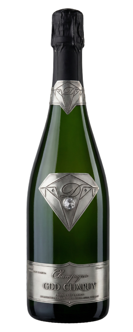 A green champagne bottle with a silver diamond-shaped label featuring a letter 'D' and a gemstone, topped with a black foil cap.