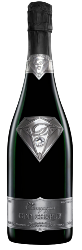 A black champagne bottle with silver diamond and emblem on the neck and a silver label at the base reading 'Champagne GD CHAPUY'.