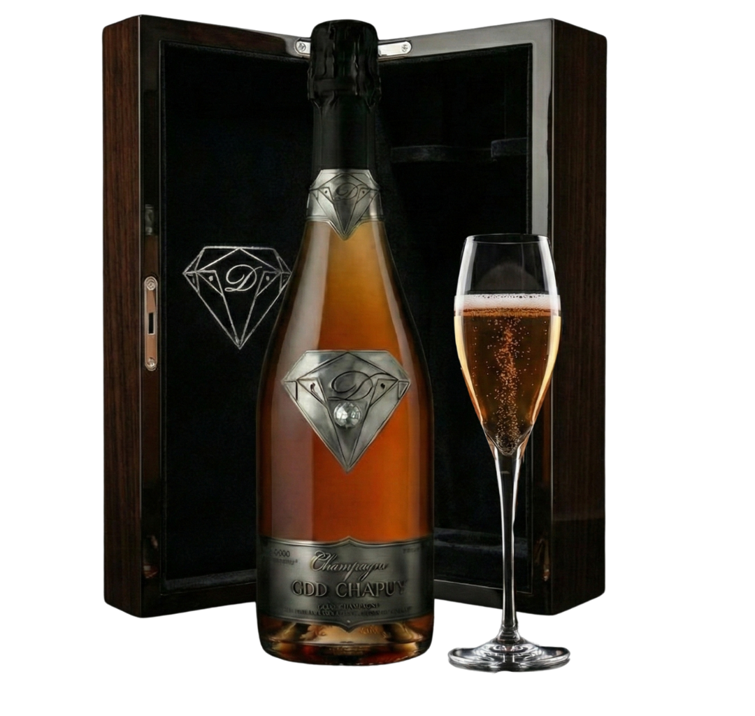 A bottle of champagne, a flute of champagne, and a gift box with a diamond-shaped logo on the bottle and box.