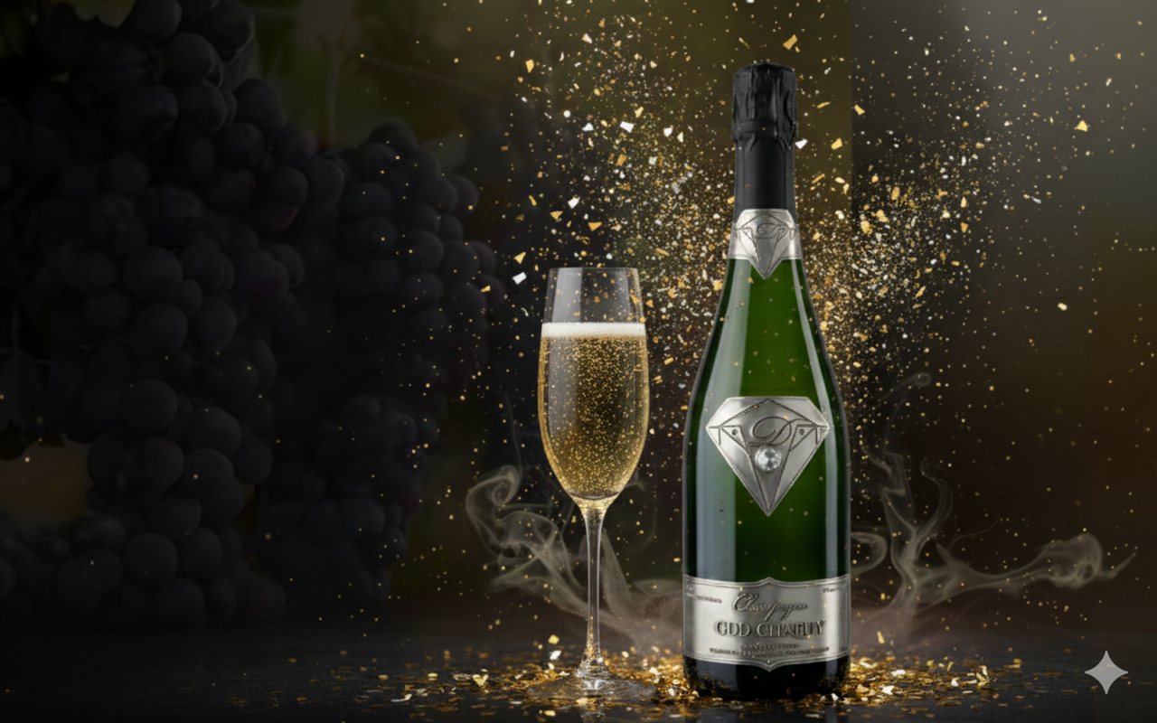 A bottle of champagne with a diamond-shaped label next to a filled champagne flute, surrounded by golden confetti and smoke, with a bunch of grapes in the background.