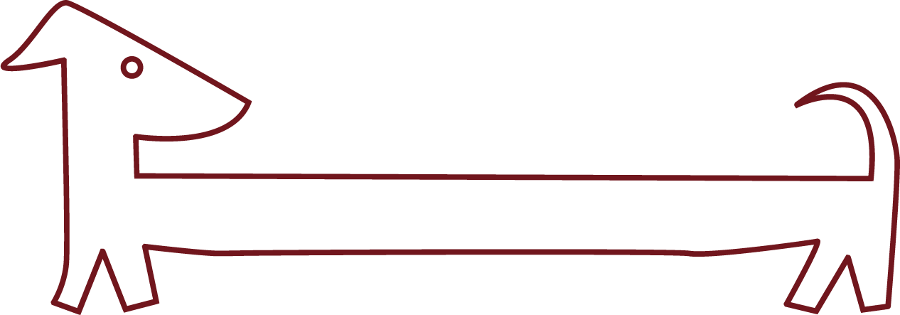 Ein einfaches, stilisiertes, abstractes Hunde-Icon in Linienzeichnung, das den Körper, Kopf, Beine, Schwanz und Ohren darstellt.