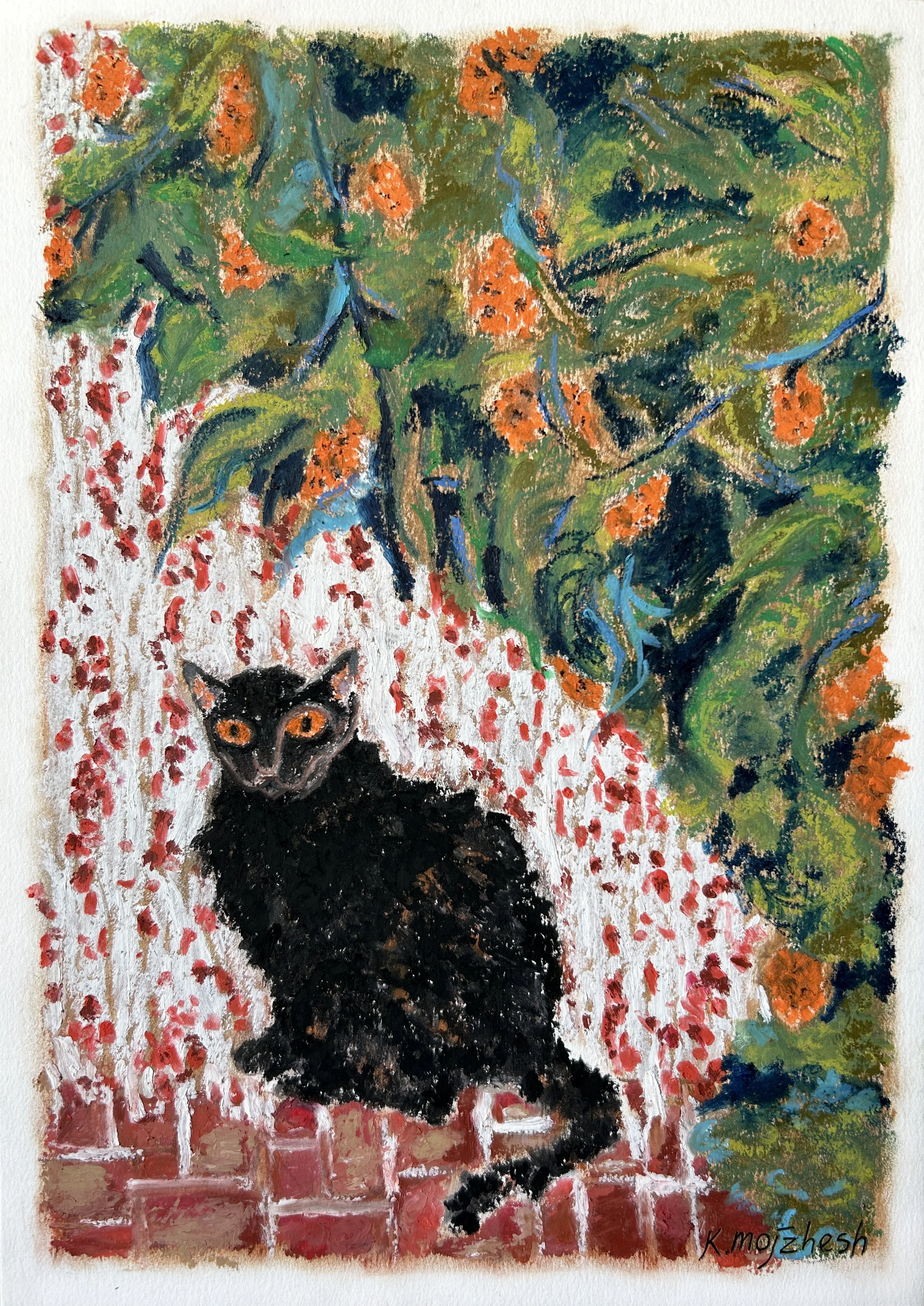 Cat with Oranges oil pastel painting by Keila Moizhesh