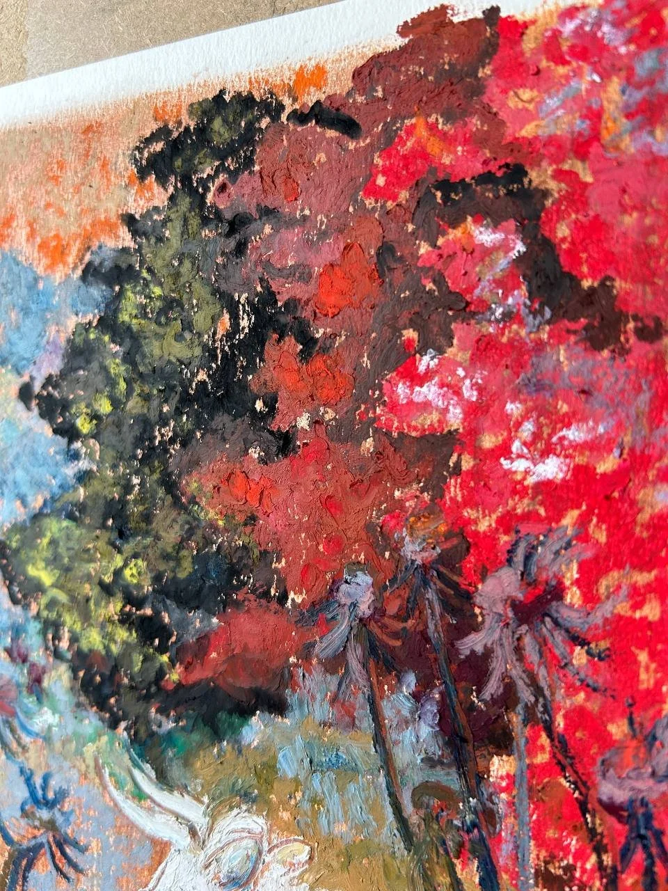 Close-up of Evening in the Barnyard oil pastel painting by Keila Moizhesh