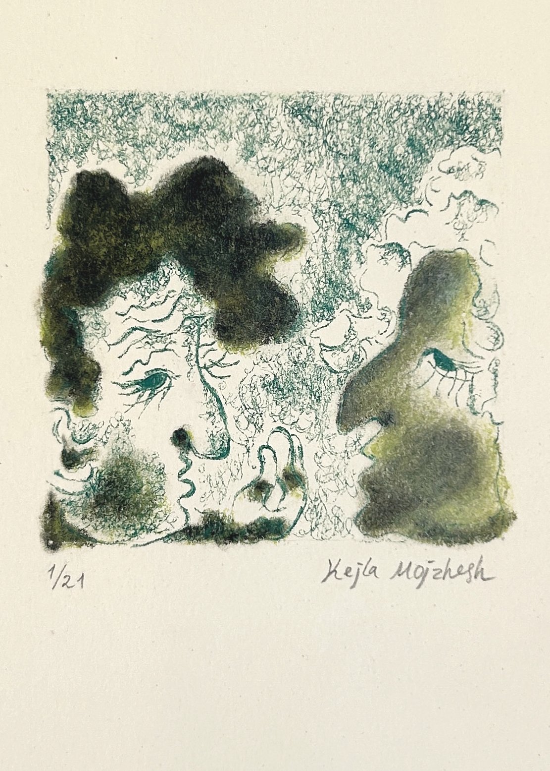 A colorful abstract drawing of two faces in profile facing each other, surrounded by a textured background, with the artist's signature and numbered as 1/21.