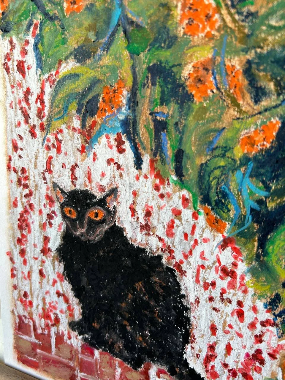 	
Detail of Cat with Oranges oil pastel painting by Keila Moizhesh