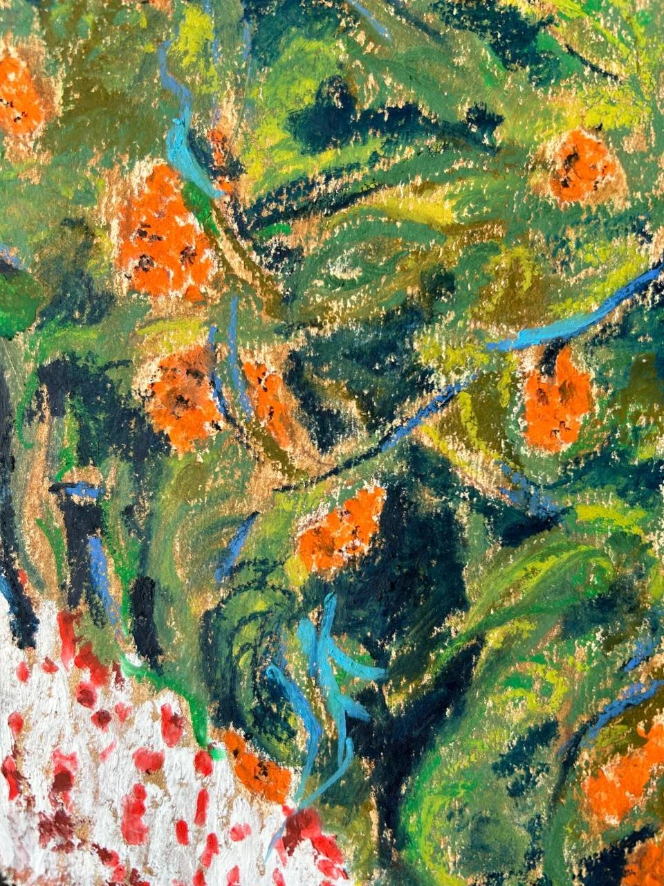 Detail of Cat with Oranges oil pastel painting by Keila Moizhesh