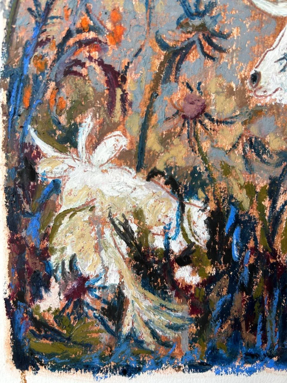 Detail of Evening in the Barnyard oil pastel painting by Keila Moizhesh