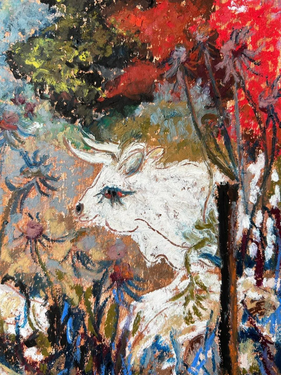 Detail of Evening in the Barnyard oil pastel painting by Keila Moizhesh