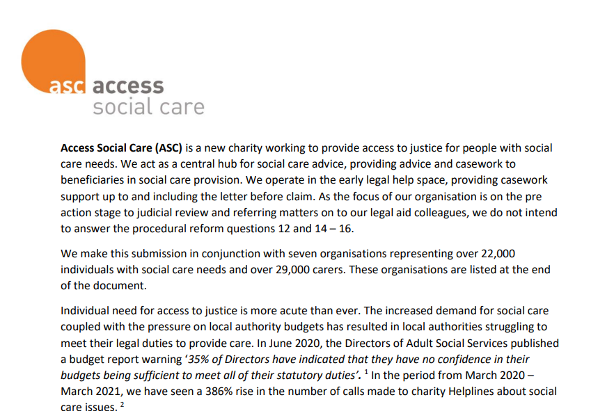 Access Social Care submits response to Judicial Review consultation – 29th April 2021