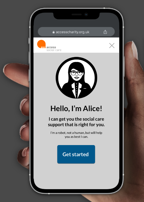 Image of a hand holding a phone displaying the Access Social Care chatbot.