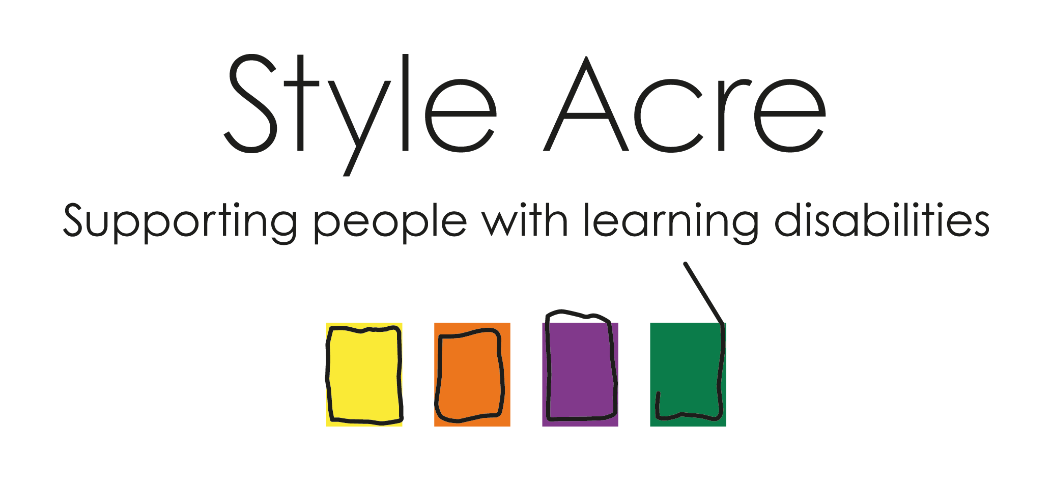 Logo of Style Acre with the tagline supporting people with learning disabilities and four color-coded abstract shapes in yellow, orange, purple, and green.