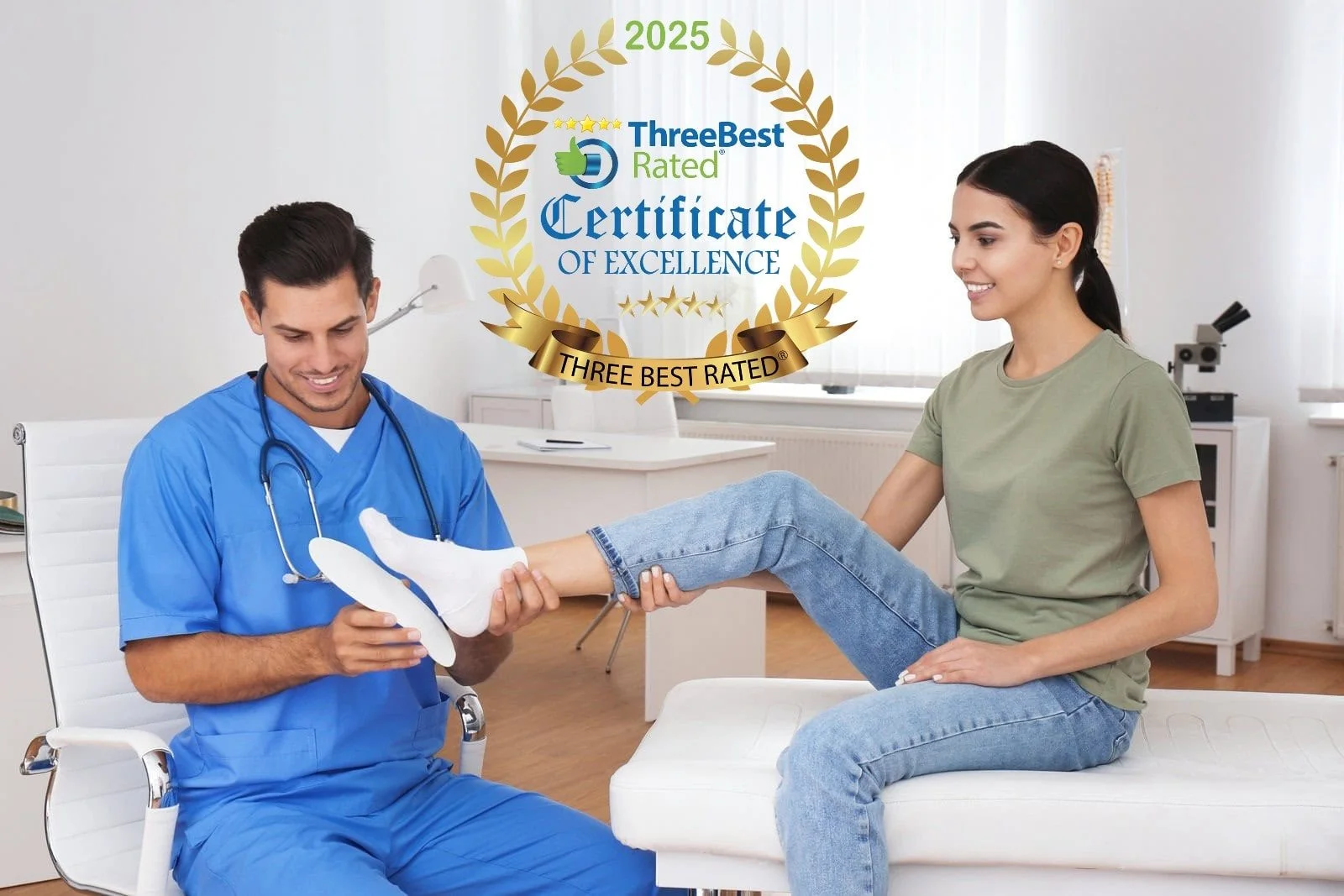 Trusted chiropodist at Canadian Foot Clinic & Orthotic Centre in St. Catharines showcasing custom orthotics fitting for satisfied patient, foot care services and the clinic’s ThreeBest Rated award
