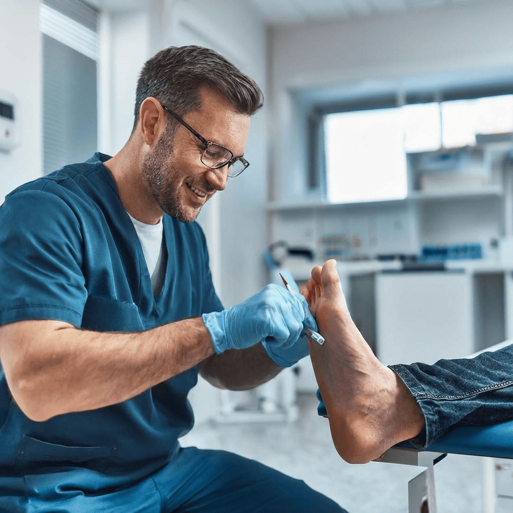 Registered chiropodist at Canadian Foot Clinic & Orthotic Centre in St. Catharines performs safe medical pedicure and foot care; clinical podiatry, ingrown nail care and custom orthotics treatment