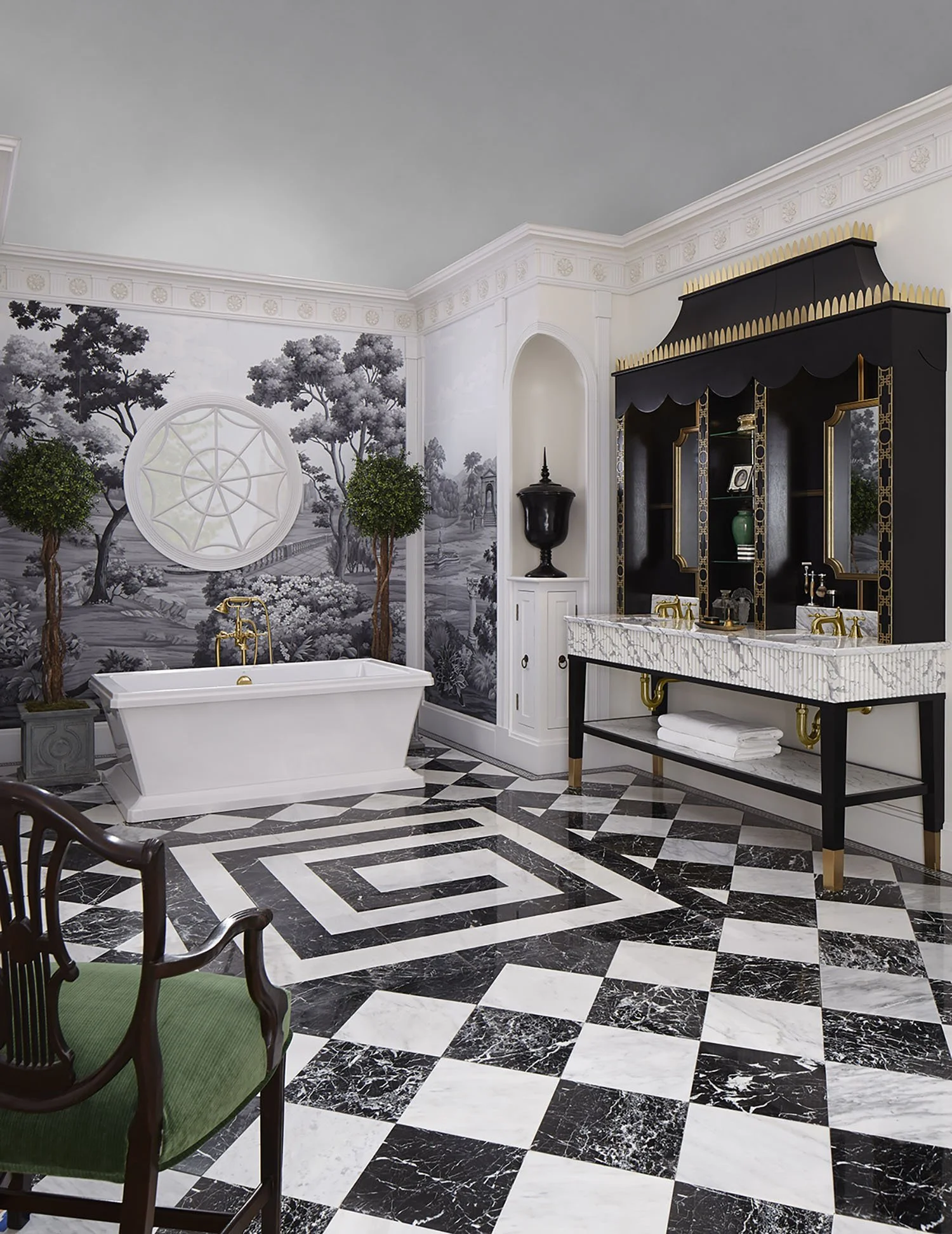 Luxurious black and white bathroom with a freestanding bathtub, a marble double vanity with gold fixtures, black and gold shelving, a decorative mural wall, and a checkered marble floor.