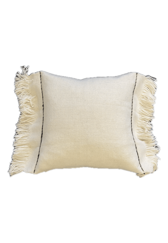 WHITE FRINGED PILLOW WITH BLACK STITCHING
