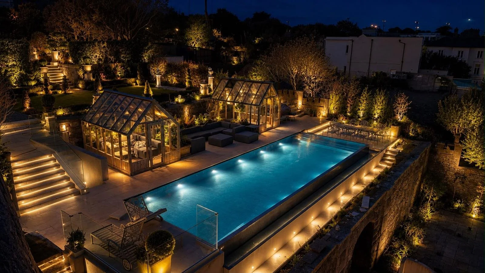 Bespoke infinity swimming pool lit at night, set within terraced, illuminated gardens with two glass garden rooms.