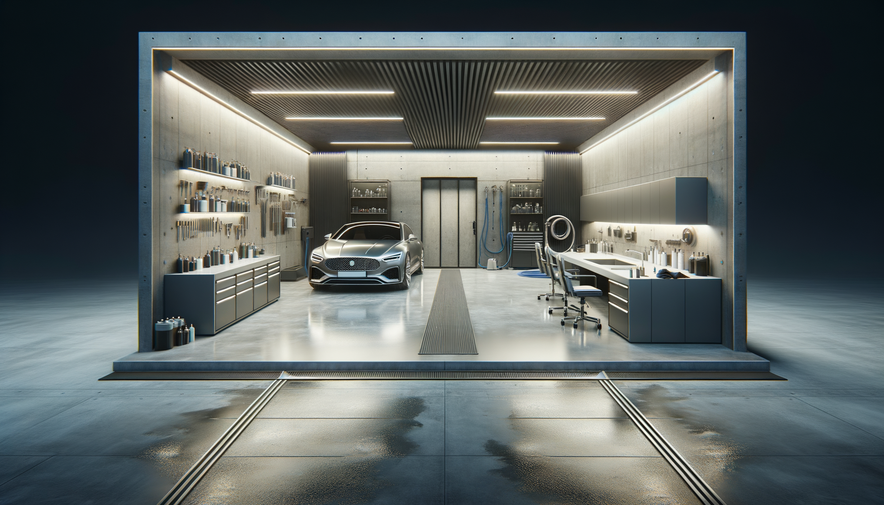 Inside a modern car garage with a silver luxury sports car, organized shelves with tools, and a workbench area. The garage is well-lit with ceiling lights and has a polished concrete floor.
