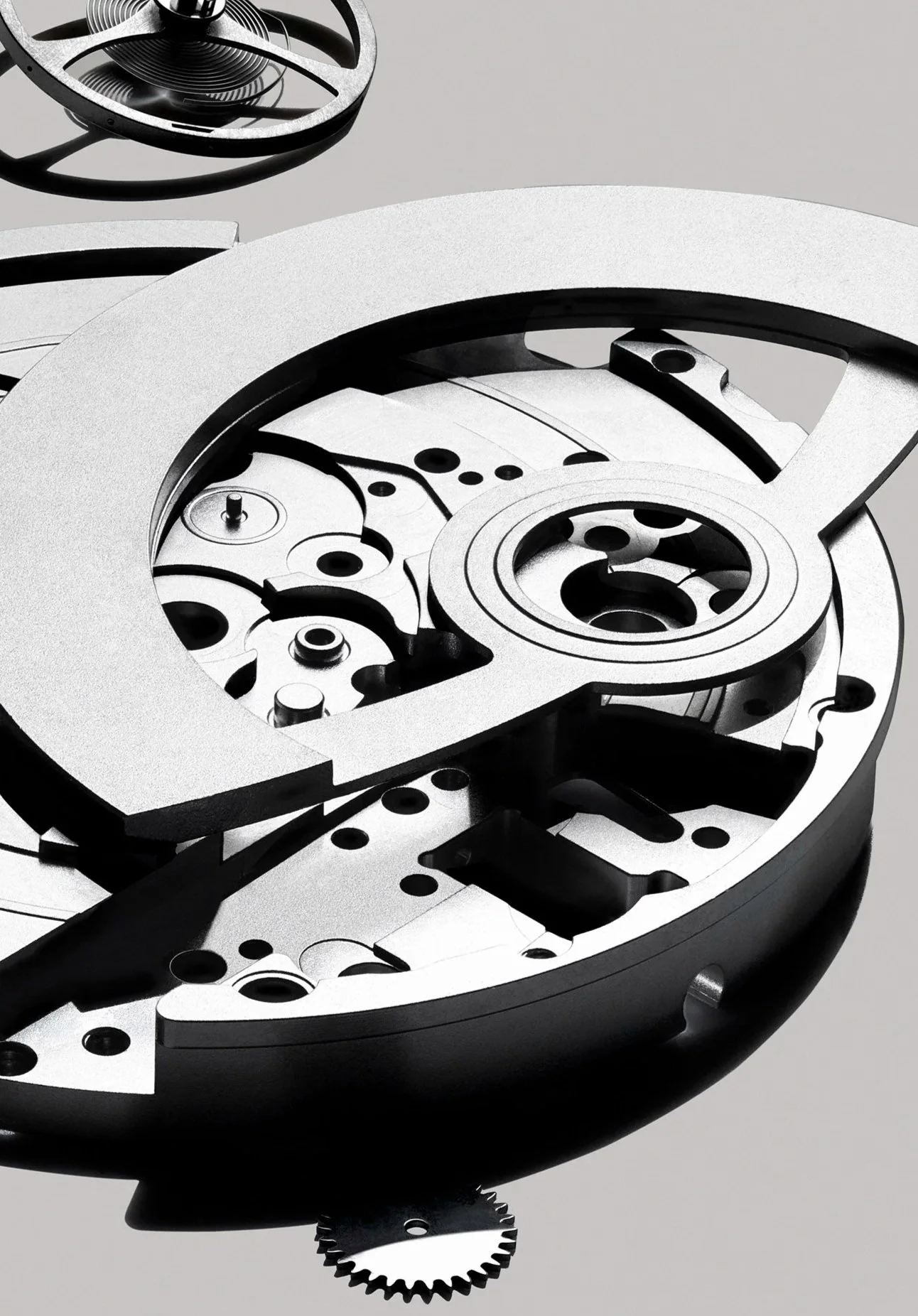 Close-up of the inner mechanical components of a watch, showcasing gears and intricate parts in black and white.