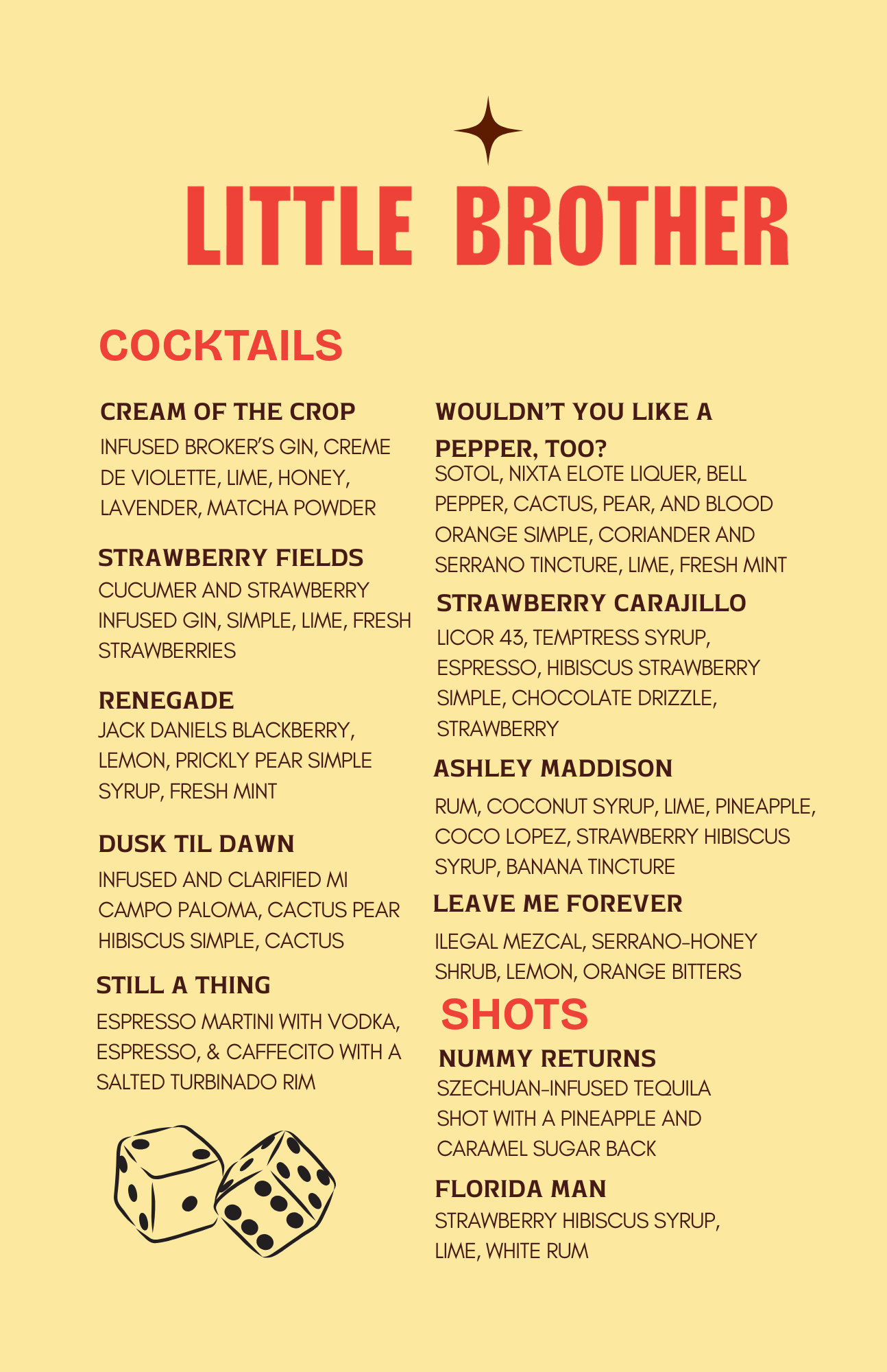 A cocktail menu titled Little Brother with various drinks and ingredients listed, on an orange background with four dice at the top and a black-and-white photo of Brendan Fraser and Elizabeth Hurley from Bedazzled at the bottom.