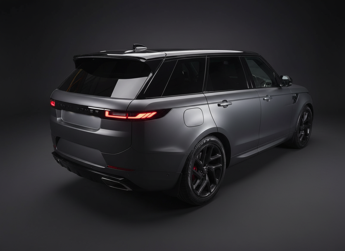 A sleek, matte gray Range Rover SUV parked in a dark studio, viewed from the rear three-quarter angle.