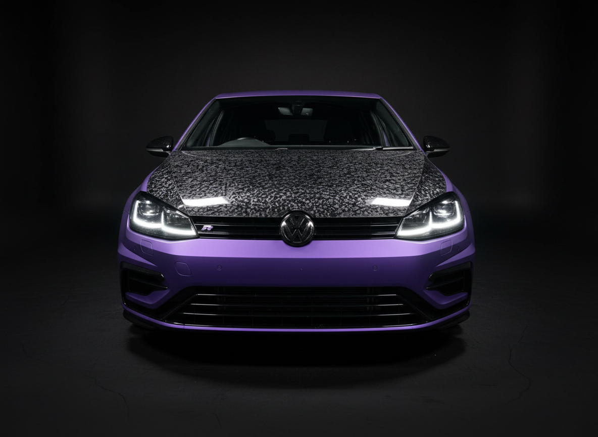 Front view of a purple Volkswagen car with a black patterned hood on a dark background.