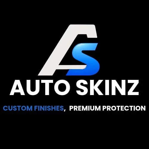 Auto Skinz logo with text 'Auto Skinz' and slogan 'Custom Finishes, Premium Protection' on a black background.