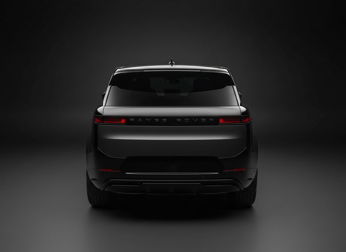 Rear view of a black Range Rover SUV in a dark studio setting.
