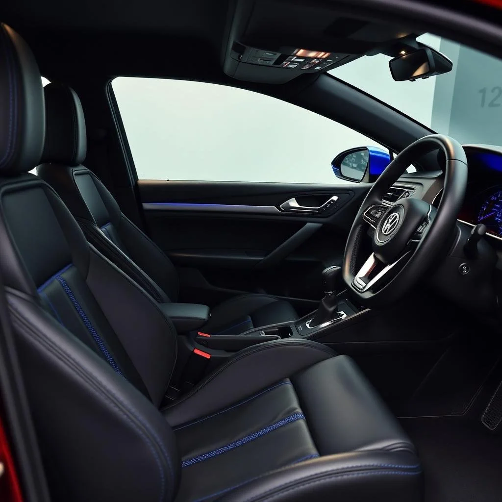 Interior of a modern car showing driver and passenger seats, steering wheel with Volkswagen logo, dashboard, and center console.