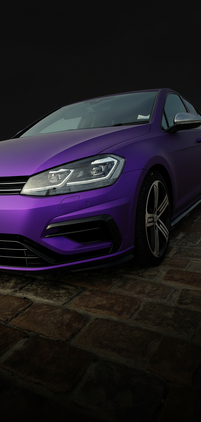 A purple sports car on a brick-paved surface against a dark background.