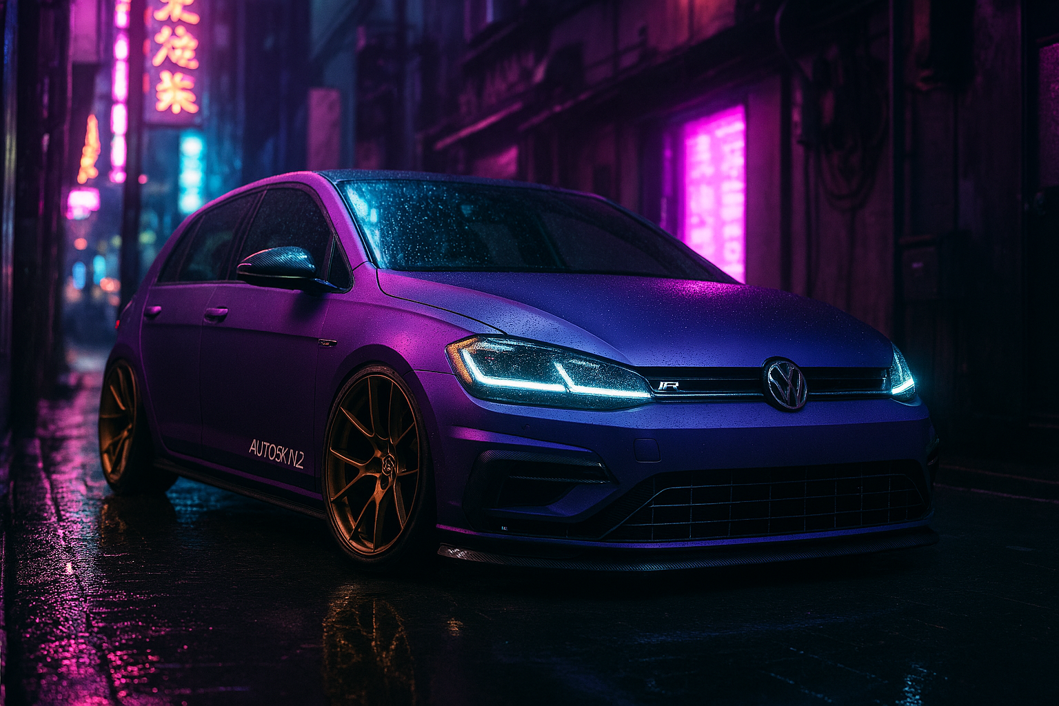 A purple Volkswagen sedan with custom black and gold wheels parked on a wet city street at night, illuminated by vibrant neon lights in pink and purple.