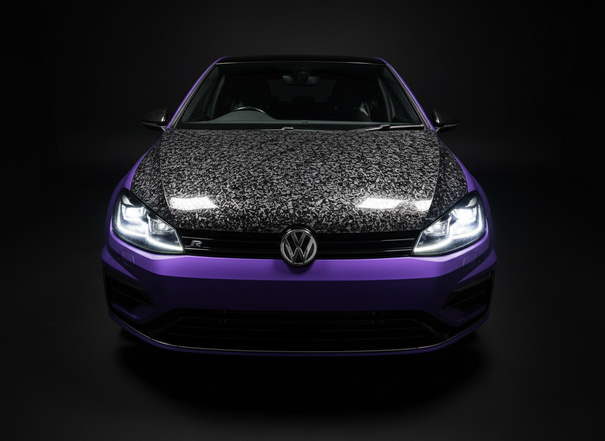 Front view of a purple Volkswagen car with a speckled hood, set against a dark background.