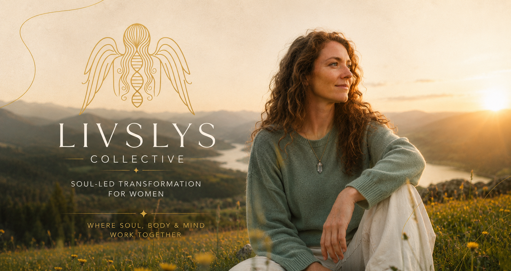 A woman with curly red hair sitting outdoors in a grassy field at sunset, with mountains and a river in the background. The image has the text 'LIVSLYS Collective - Soul-led transformation for women - where soul, body, and mind work together' and a stylized winged DNA helix logo.