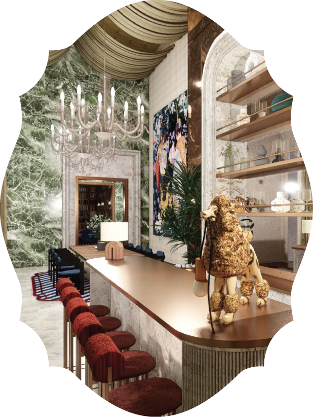 Eclectic and playful luxury design at SLS Residences Bangkok, showcasing a sophisticated bar area with marble accents, botanical elements, and signature avant-garde decor.