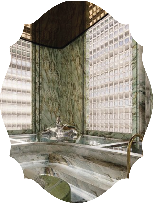 Wellness amenities at SLS Residences Bangkok: A high-end marble indoor pool and relaxation area with Art Deco arched doorways and sophisticated stone craftsmanship.