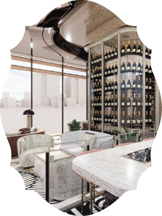 The stylish Champagne Bar and social lounge at SLS Residences Bangkok featuring avant-garde decor and luxury finishes.