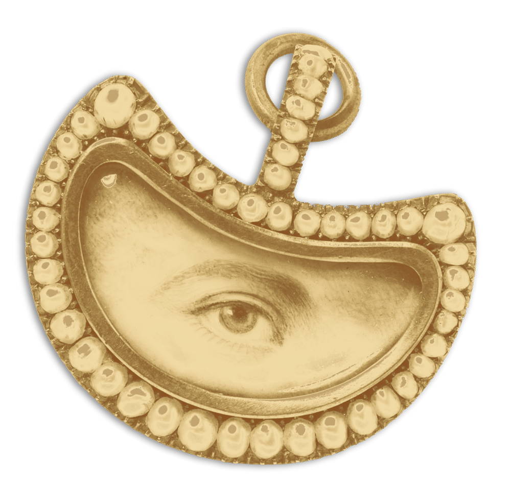 Avant-garde SLS brand graphic: A golden surrealist eye talisman symbolizing the unique vision and curated lifestyle of SLS Residences Bangkok.