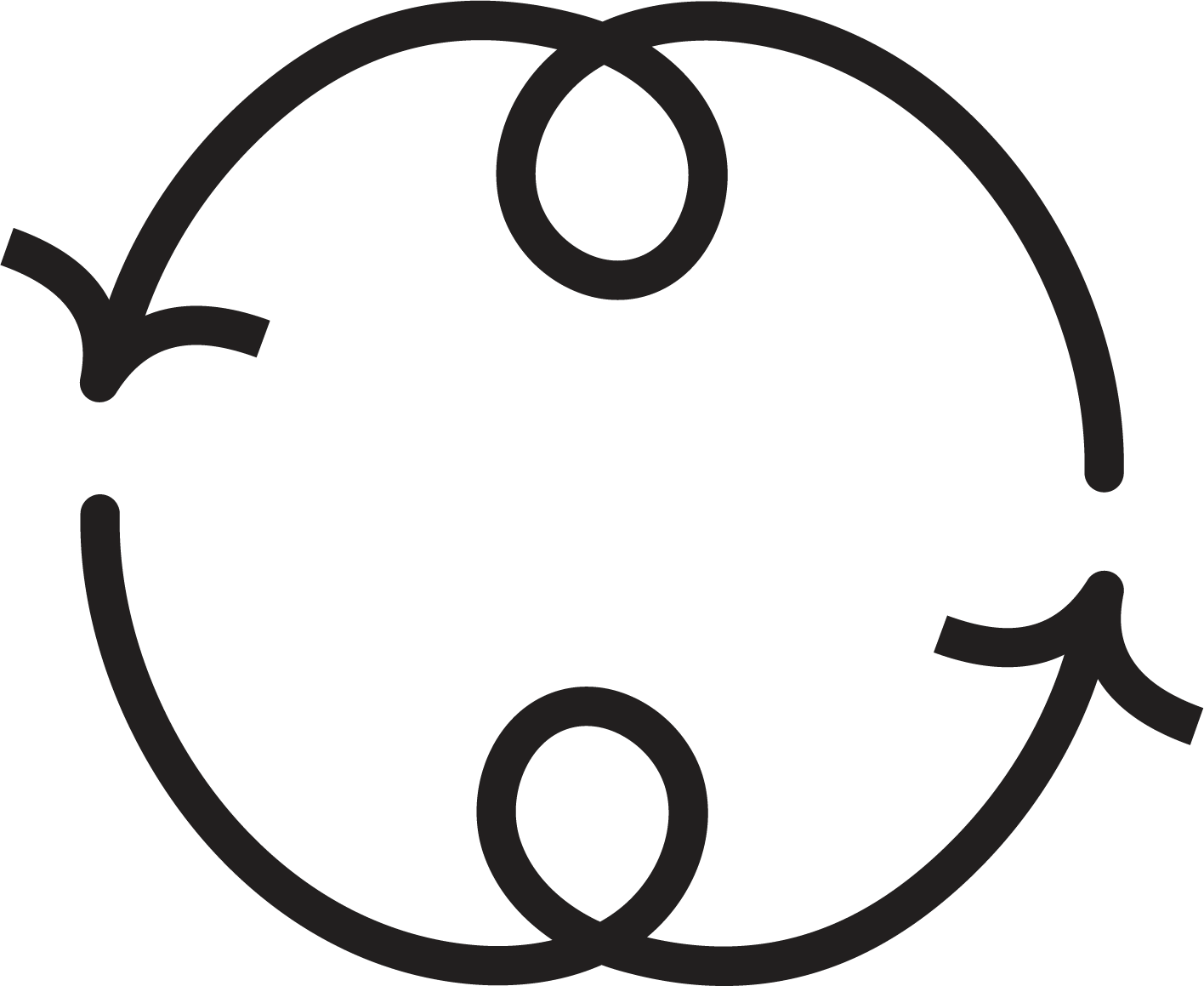 A black and white illustration of a circular object with two arrows forming a circle around it, each arrow pointing in the direction of the other.