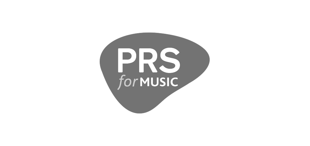 Grey blob shaped logo with the words "PRS for Music" in white text. 