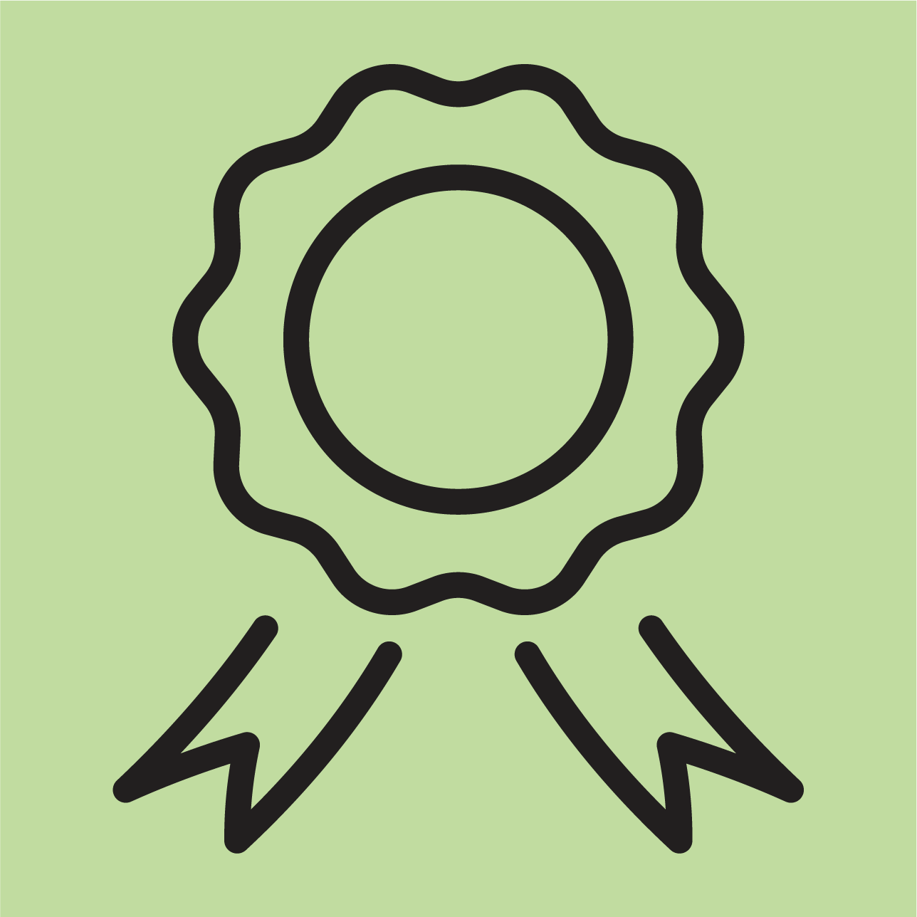 A black outline drawing of a medal or award ribbon with a circular center and two ribbon tails hanging down, set against a light green background.