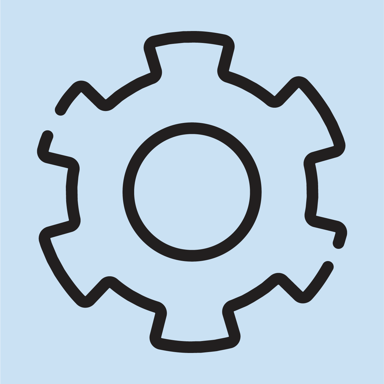 Outline of a gear or cogwheel on a light blue background.
