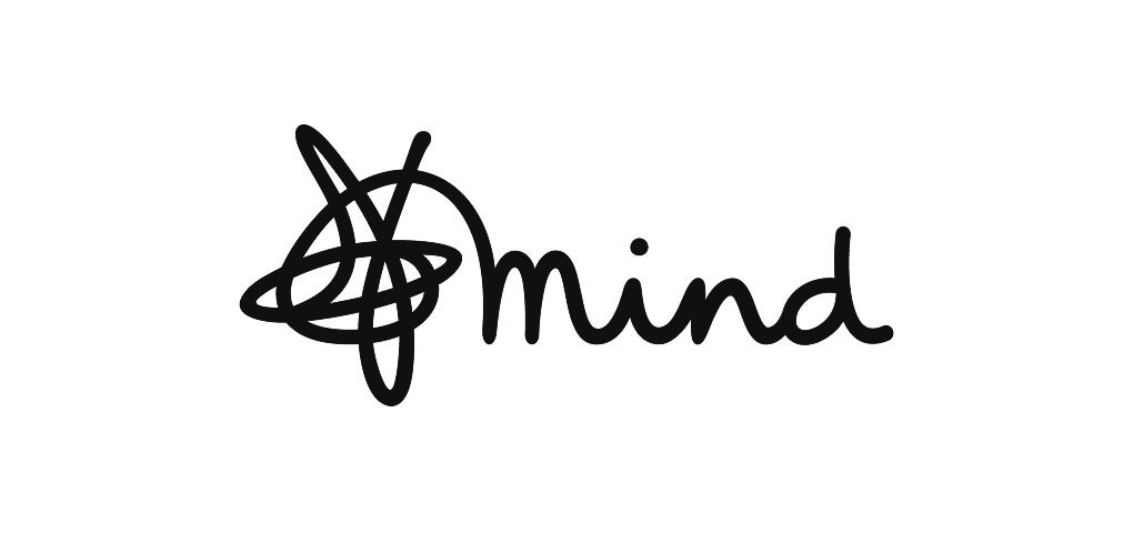 Logo of Mind charity featuring a black scribble and the word 'Mind' in black text.