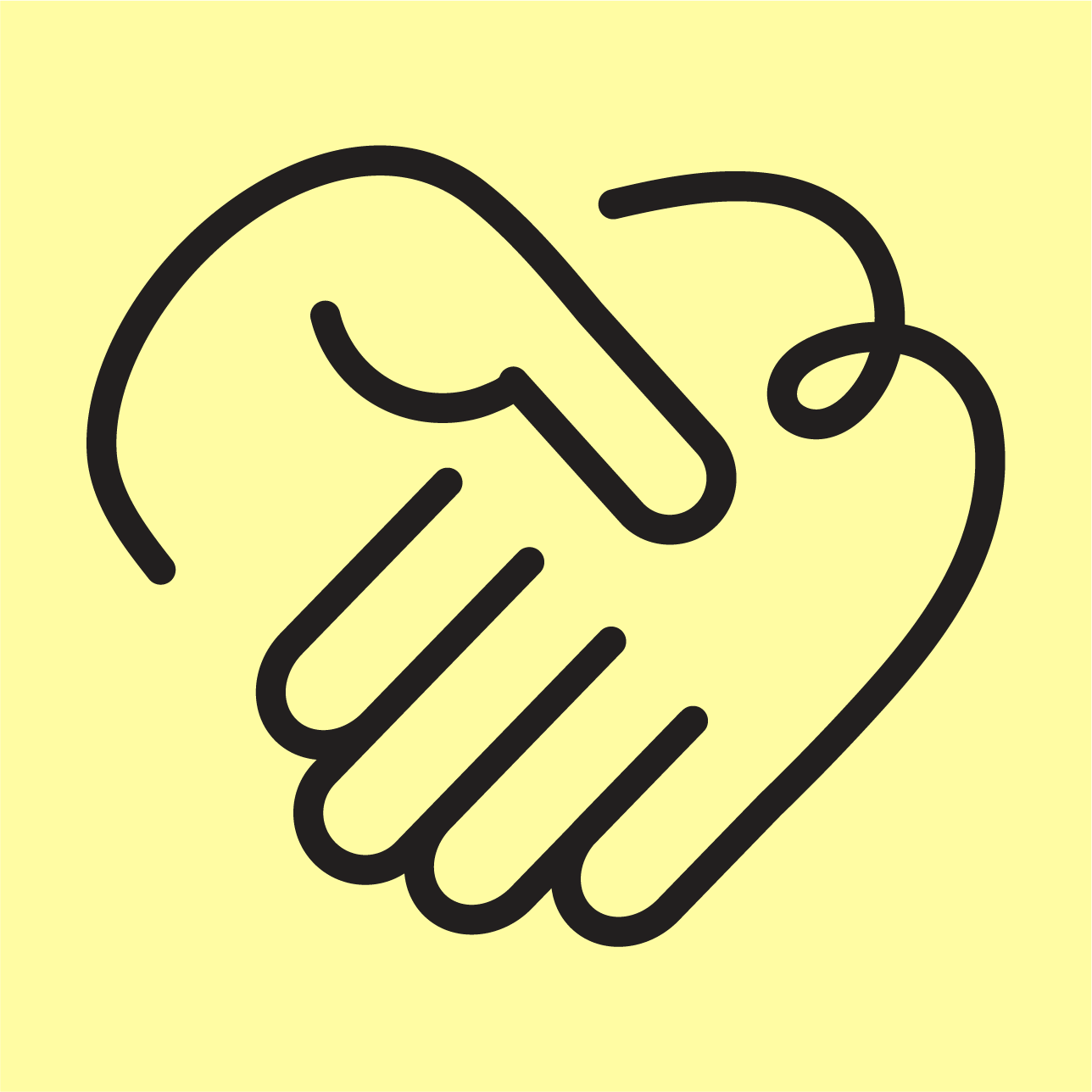 Line drawing of two hands shaking with a string connecting the fingers, on a yellow background.