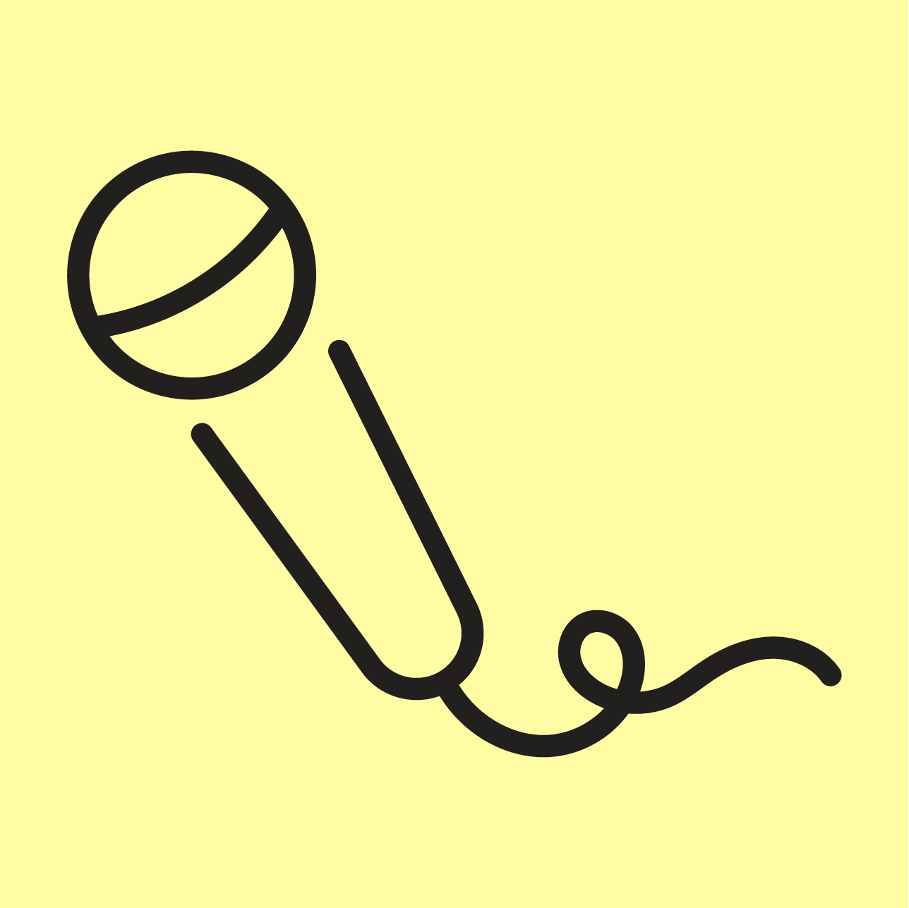 Line drawing of a microphone with a cord on a yellow background.