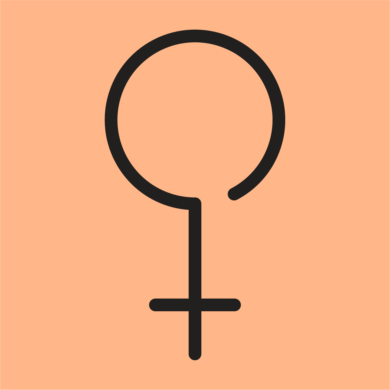 Female gender symbol in black on a peach background.