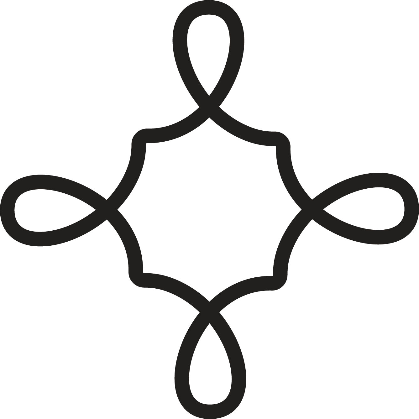 Line drawing of a symmetrical, decorative floral pattern with loops and curves.