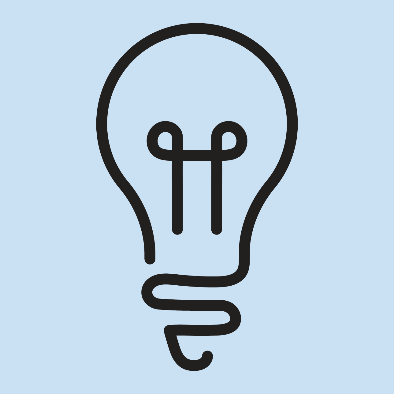 A drawing of a light bulb with a filament inside, depicted in a minimalistic black line art style on a blue background.